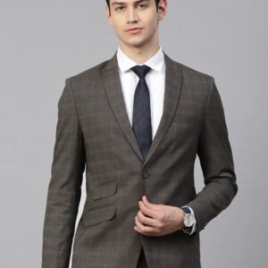 Men Charcoal Grey & Blue Slim Fit Checked Single-Breasted Formal Blazer