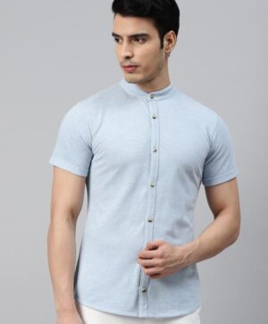 Men Blue Solid Slim Fit Knitted Casual Shirt