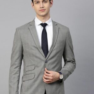 Men Grey & Blue Slim Fit Checked Single-Breasted Formal Blazer
