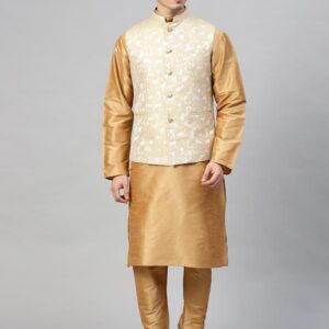 Men Golden & Silver Solid Kurta with Churidar & Self Design Nehru Jacket