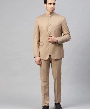 Men Beige Solid Slim Fit Ethnic Bandhgala Suit