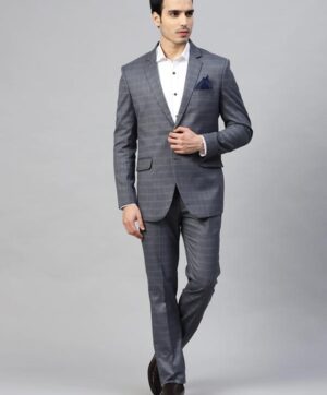 Men Blue Self-Checked Slim Fit Formal Single Breasted Suit
