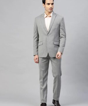 Men Grey Self Design Slim Fit Single-Breasted Formal Suit
