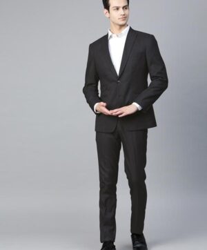 Men Black & Blue Slim Fit Checked Single-Breasted Formal Suit