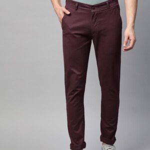 Men Burgundy Slim Fit Solid Chinos Trousers