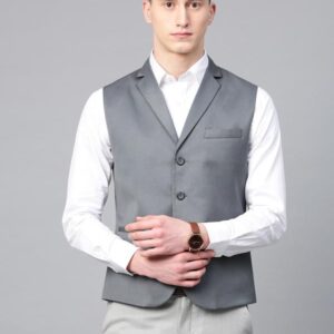 Men Grey Solid Slim Fit Woven Formal Waistcoat