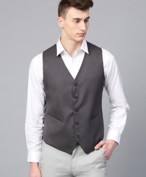 Men Charcoal Grey Solid Slim Fit Formal Waistcoat