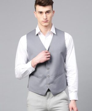Men Grey Solid Slim Fit Single-Breasted Waistcoat