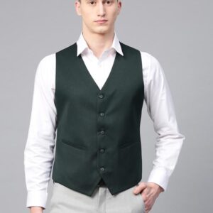 Men Green Solid Slim Fit Single-Breasted Waistcoat