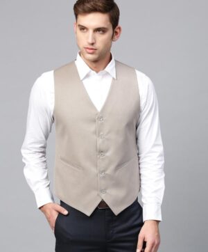 Men Taupe Solid Slim Fit Single-Breasted Waistcoat