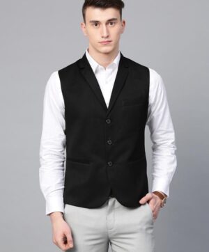 Men Black Solid Slim Fit Woven Formal Waistcoat