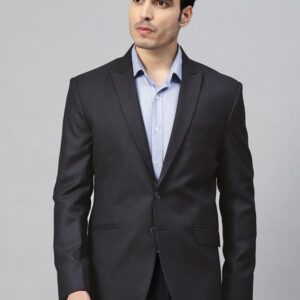 Men Navy Blue & Black Twill Weave Self-Design Slim Fit Single-Breasted Formal Blazer