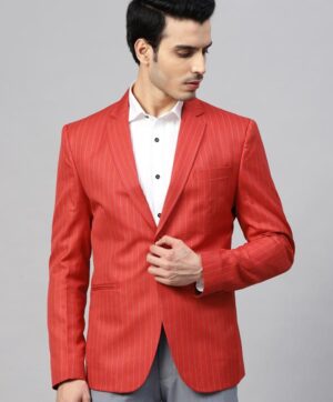 Men Red & Blue Twill Weave Striped Single-Breasted Casual Slim Fit Blazer