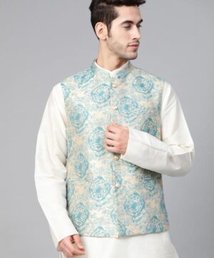 Men Beige & Blue Woven Design Nehru Jacket