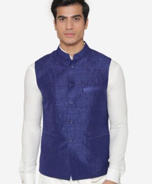 Men Blue Solid Nehru Jacket