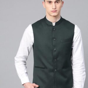 Men Green Slim Fit Solid Nehru Jacket