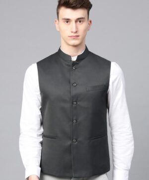 Men Charcoal Grey Solid Slim Fit Nehru Jacket