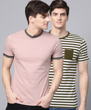 Men Pack of 2 Striped Pockets Slim Fit T-shirt