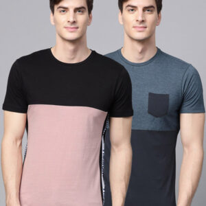 Men Black & Pink Set Of 2 Colourblocked Slim Fit T-shirts