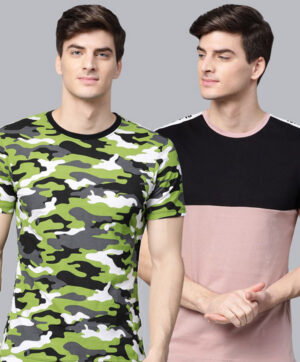 Men Pack of 2 Green & Peach-Coloured Camouflage Printed Pockets Slim Fit T-shirt