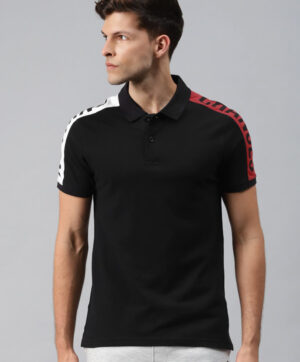 Men Black & Red Solid Pure Cotton Polo Collar Slim Fit T-shirt