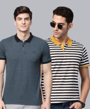 Men Multi Pack of 2 Striped Polo Collar T-shirt