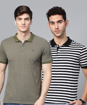 Men Pack of 2 Green & Black Striped Polo Collar Slim Fit T-shirt