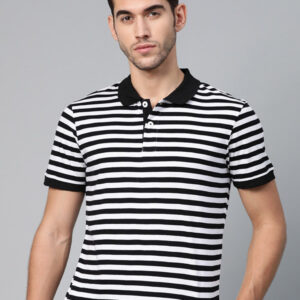 Men Black & White Slim Fit Striped Polo Collar T-shirt