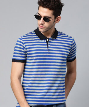Men Blue & Grey Melange Slim Fit Striped Polo Collar T-shirt