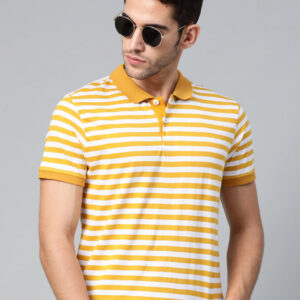 Men Mustard Yellow & White Slim Fit Striped Polo Collar T-shirt