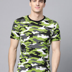 Men Green & Black Camouflage Print Round Neck T-shirt