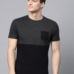 Men Black & Charcoal Grey Colourblocked Round Neck T-shirt