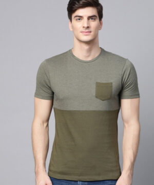 Men Olive Green Colourblocked Round Neck T-shirt
