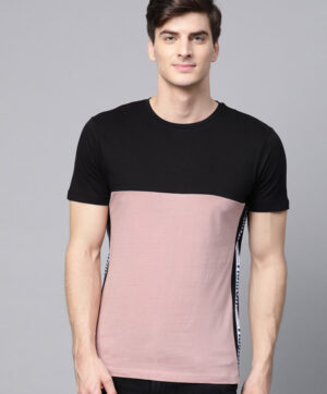 Men Dusty Pink & Black Colourblocked Round Neck T-shirt