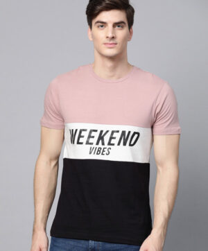 Men Dusty Pink & White Colourblocked Round Neck T-shirt