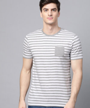 Men White & Grey Melange Slim Fit Striped Round Neck T-shirt