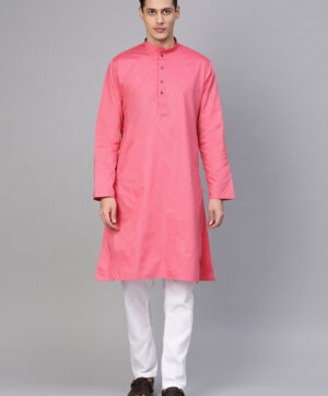 Men Pink & White Solid Kurta with Pyjamas