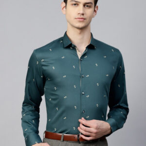 Men Teal Green & Beige Micro Ditsy Scooty Print Slim Fit Printed Smart Casual Shirt