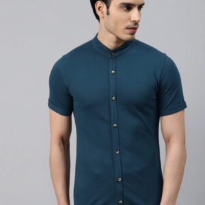 Men Teal Blue Pure Cotton Knitted Slim Fit Casual Shirt