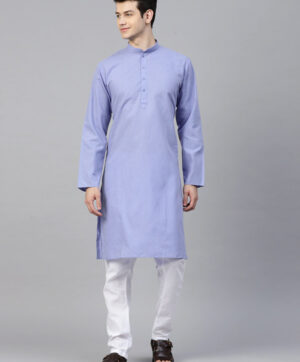 Men Blue & White Solid Kurta with Pyjamas