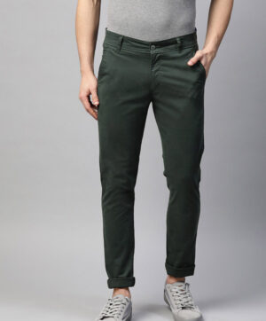 Men Green Slim Fit Solid Combed Cotton Chinos