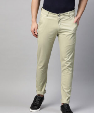 Men Green Slim Fit Solid Chinos Trousers