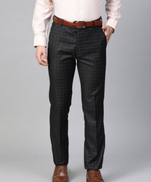 Men Black Checked Slim Fit Formal Trousers