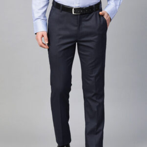 Men Navy Blue Self Design Slim Fit Formal Trousers