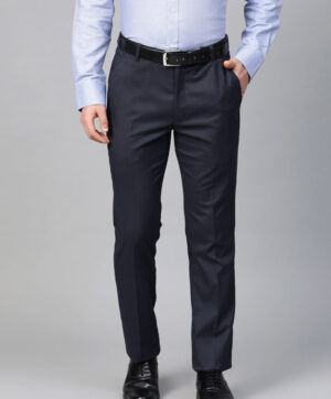 Men Navy Blue Self Design Slim Fit Formal Trousers