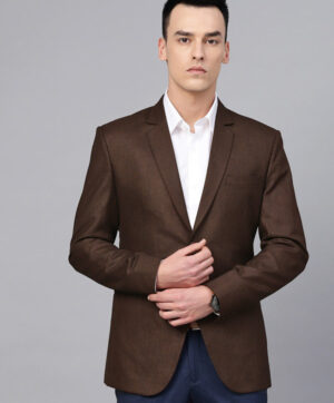 Men Brown Solid Slim Fit Single Breasted Party Blazer