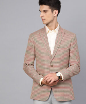 Men Beige & Black Slim Fit Houndstooth Checked Single Breasted Smart Casual Blazer