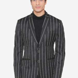 Men Black & White Striped Single-Breasted Slim Fit Formal Blazer