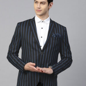 Men Black & Blue Striped Single-Breasted Slim Fit Formal Blazer