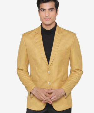 Men Mustard Yellow Striped Single-Breasted Formal Slim Fit Blazer